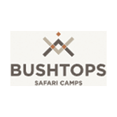 Bushtops Safari Camps logo: A stylized graphic with brown and orange geometric shapes, above the brand name in dark gray text. "Safari Camps" appears below in smaller text.