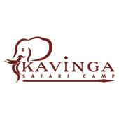 Kavinga Safari Camp logo featuring a stylized elephant head in brown with the camp's name and a spear. A logo for a safari camp, perfect for home.
