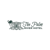 The Palm River Hotel logo featuring an elegant building with a palm tree and the hotel name in script font, set above stylized water lines, suggesting a riverside location.