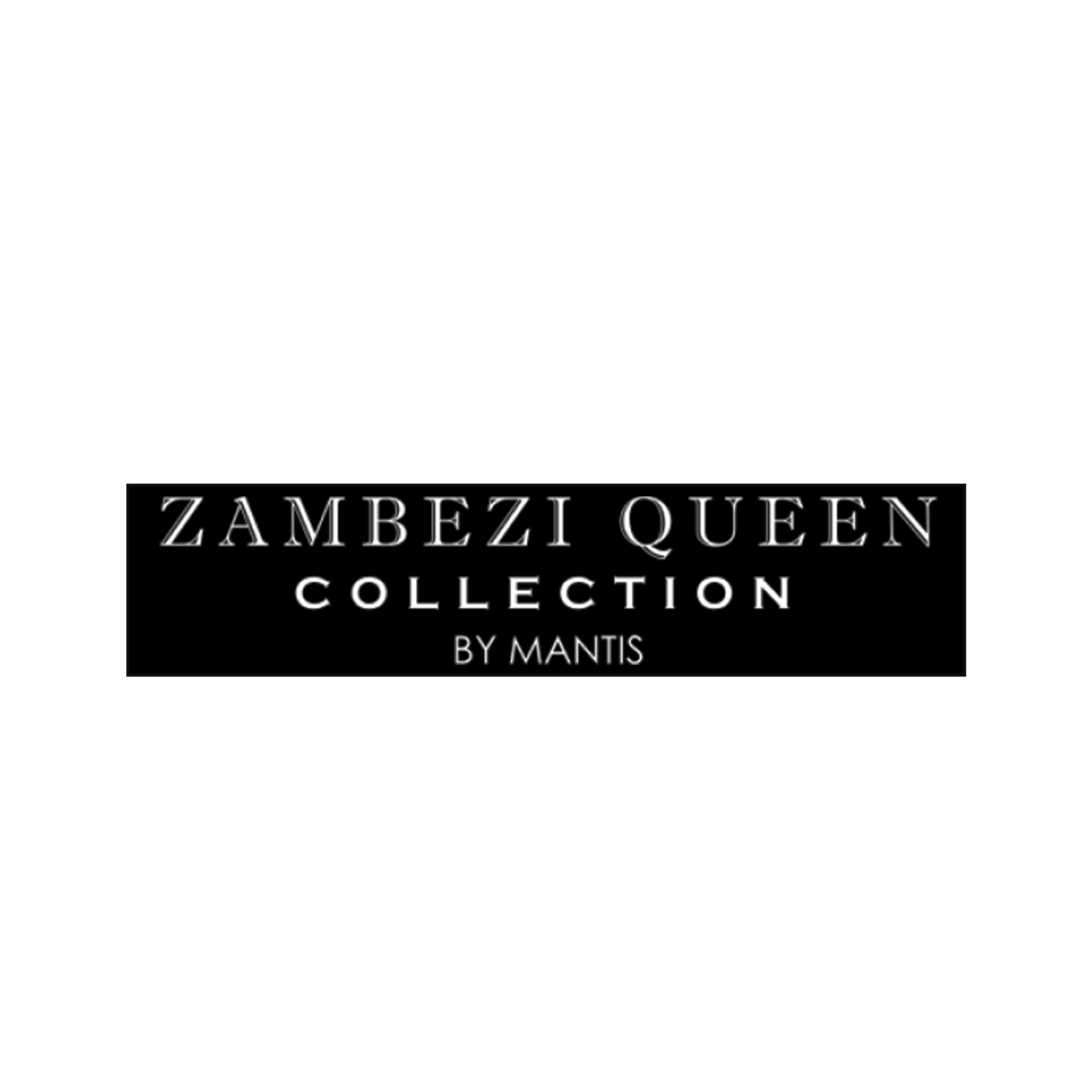 Zambezi Queen Collection logo by Mantis, black rectangle with white text. The text reads "Zambezi Queen Collection" above "BY MANTIS.