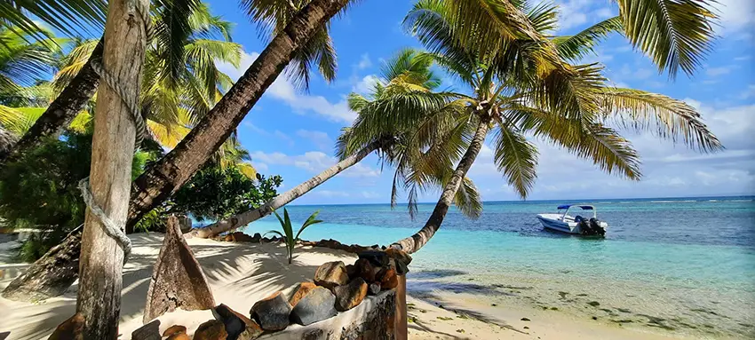 Tropical beach on Île Sainte-Marie, Madagascar, with palm trees and a boat anchored in crystal-clear waters—perfect for combining island relaxation with an adventurous African safari experience.